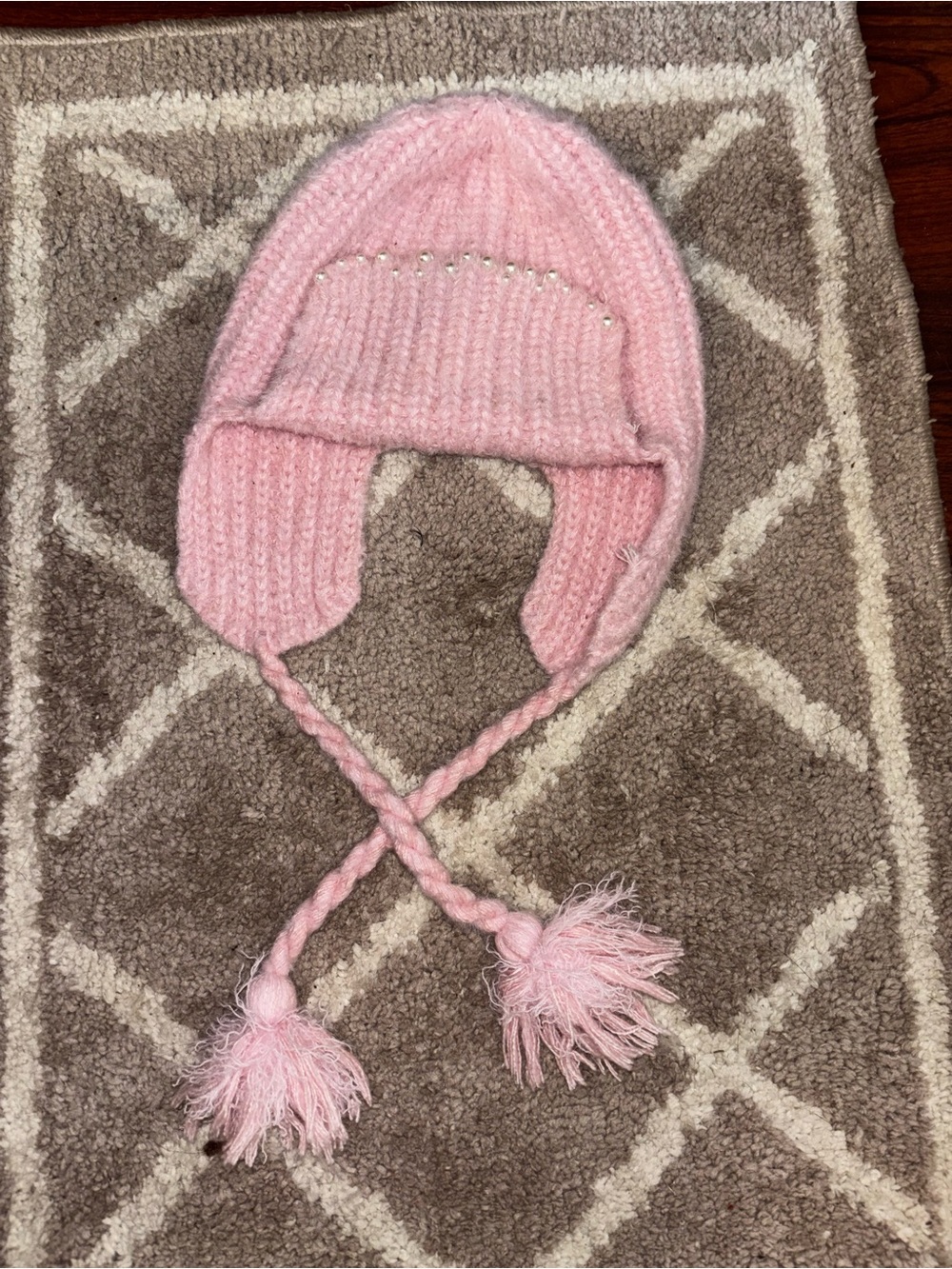 wild fable Pink Knit Earflap Hat with Braided Tassels and Bead Trim